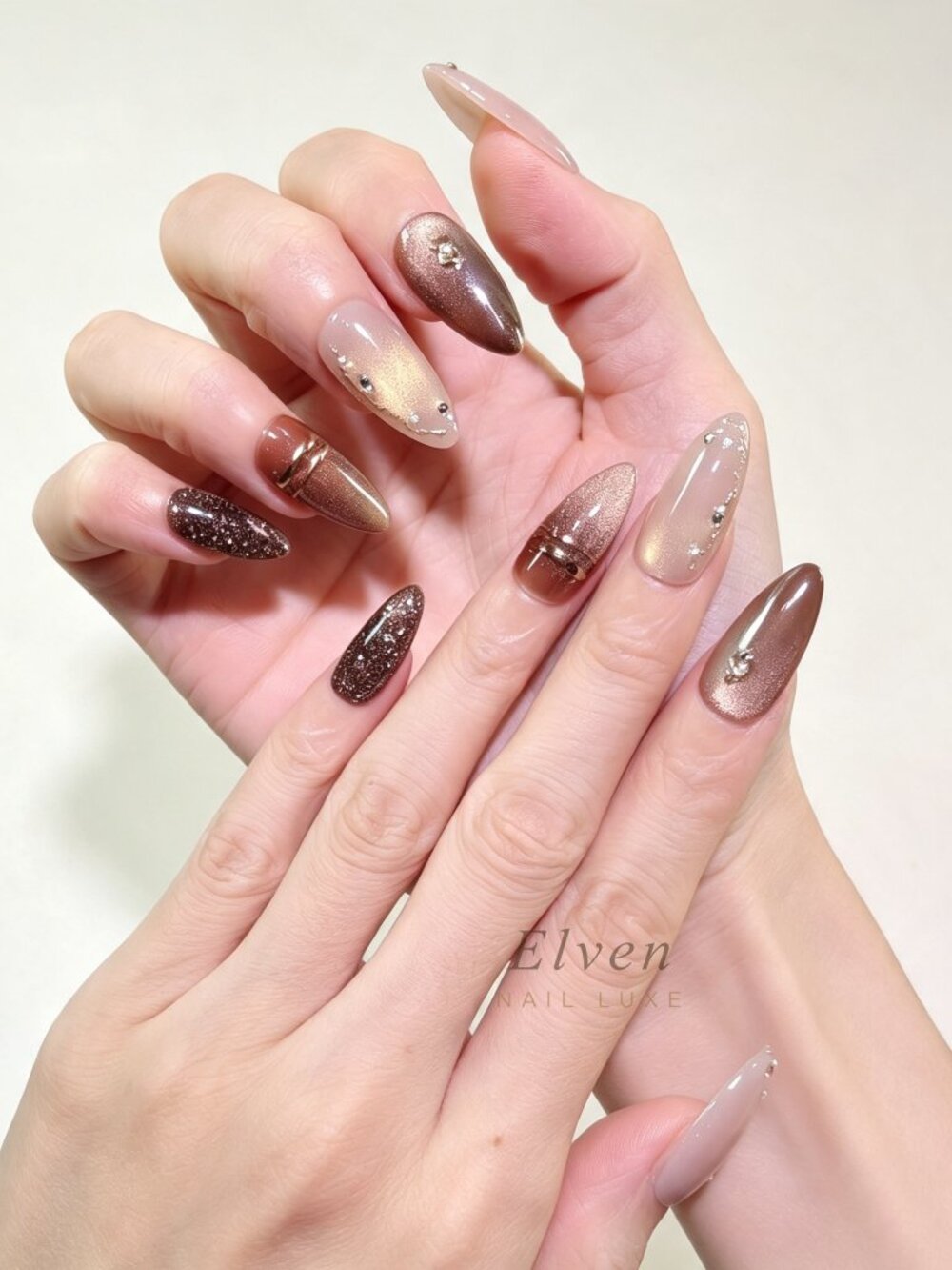 Nude Brown Gold Shimmer Cat Eye Press On Nails With Metal Accents Medium Almond